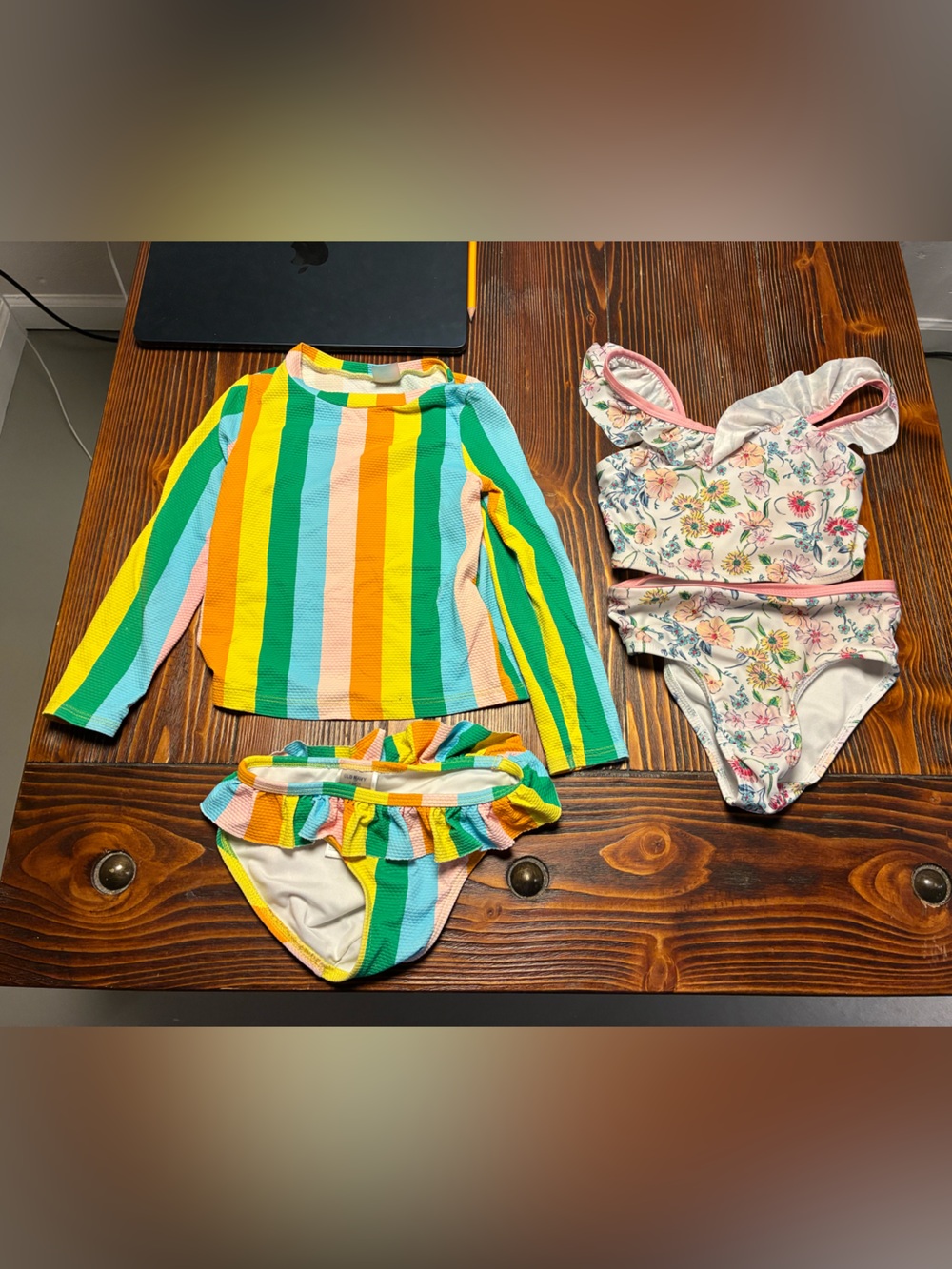 Girls 3t Two-Piece Swim Set + Floral Bikini Bottoms - Rainbow Stripes & Floral